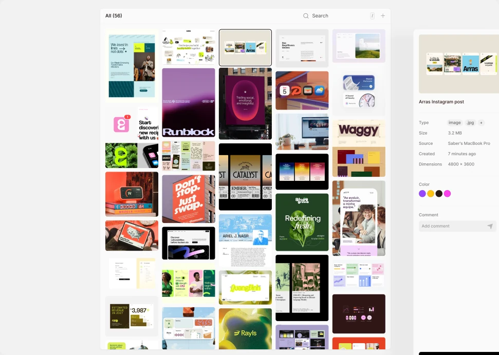 The Mise app: a grid of saved images, icons and links, with an inspector open on one of them.