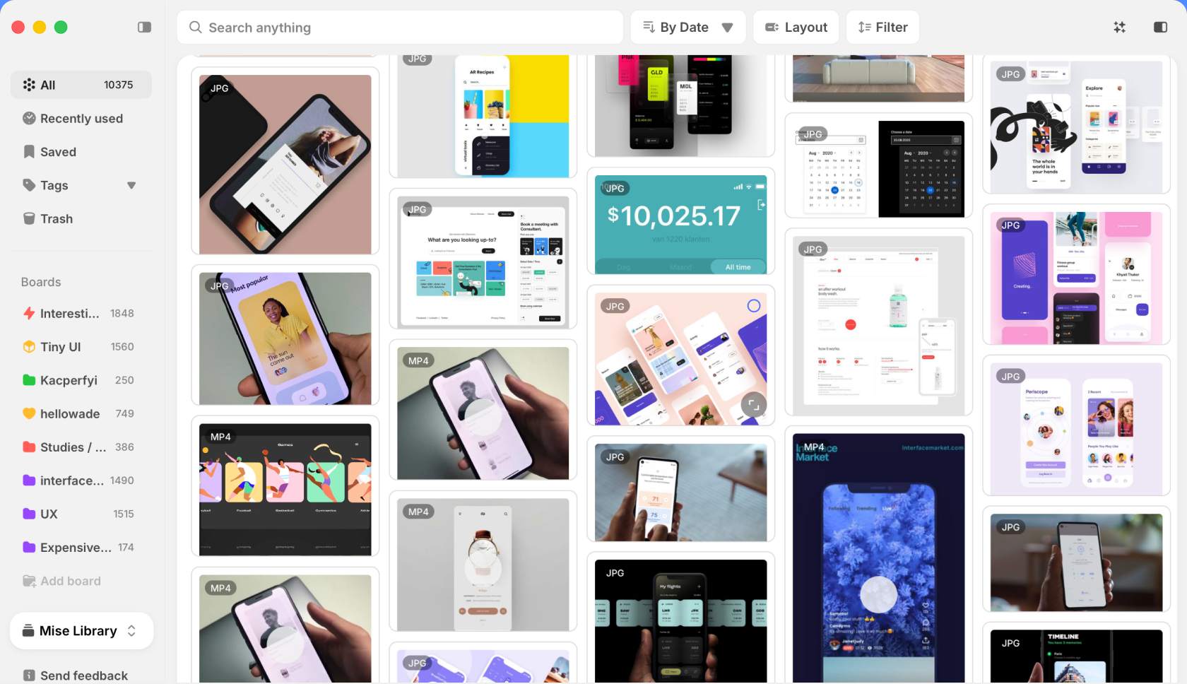 The Mise library: a grid of saved images with boards on the left.